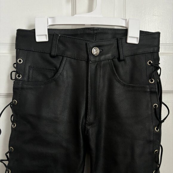 Leather Lace Up Side Pants Black XS Vintage Size 28 Tie ARD Champs Genuine Biker - Picture 2 of 11